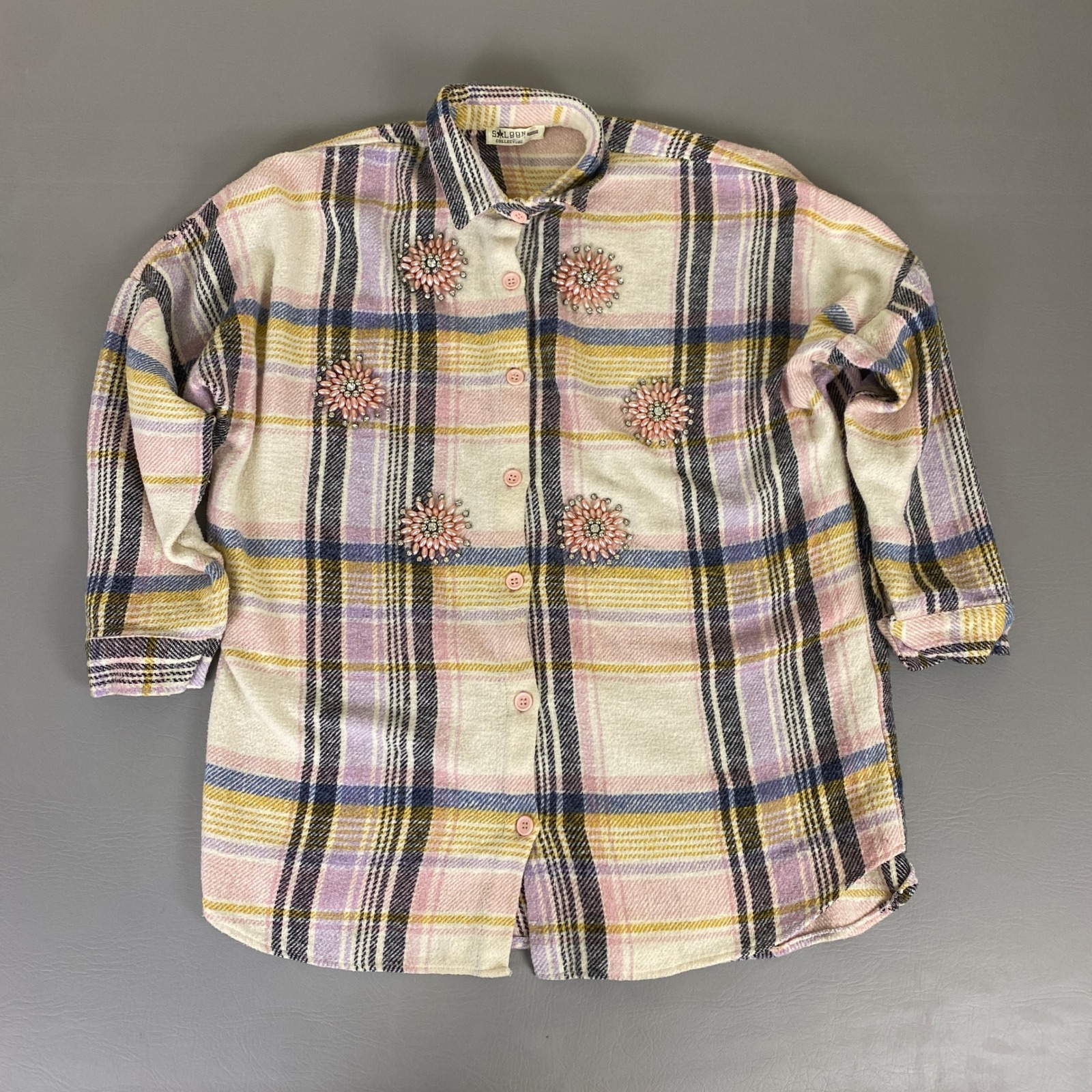 Saloon Collection Flannel Shirt Women's Large Plaid Colorful Floral Beaded